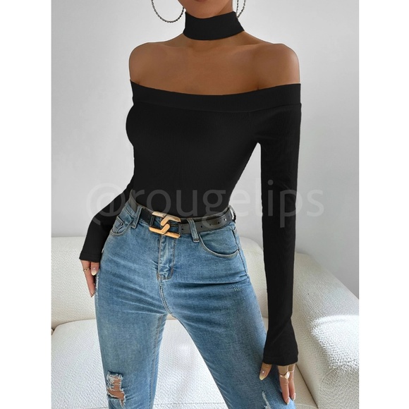 Black Off Shoulder Slim Fit Shirt Top Long Sleeve Mock Neck - Picture 5 of 7
